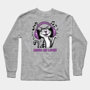 Music Lover Cat with Earphones | Groovy Feline Music Enthusiast Design Long Sleeve T-Shirt